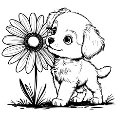 Puppy Sniffing a Flower