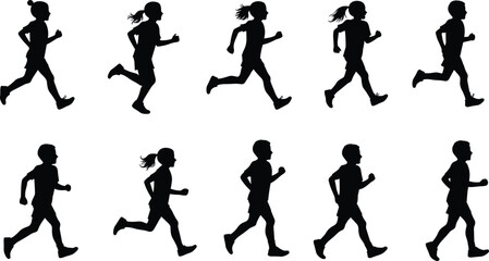 Silhouette of running children, active boys and girls jogging and sprinting, kids exercise and outdoor fitness concept on white background