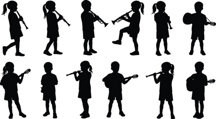 Silhouette of children playing musical instruments, kids performing music with trumpet, flute, and guitar, creative education and art concept © Moksedul Creative