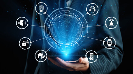 Home security icons show smart home, surveillance, and safety devices. Home security ensures...