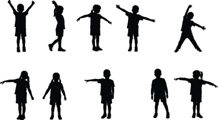 Silhouette of children with arms outstretched, kids posing and playing outdoors, happy childhood activity, freedom and expression concept illustration