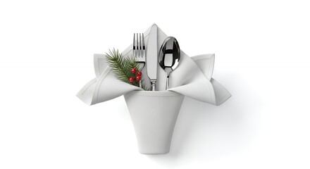 Festive Holiday Table Setting: Elegant Folded Napkin, Silverware, Pine Sprig, and Red Berries on White Background