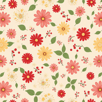 Trendy floral seamless pattern collection. Set of vintage 70s style flower background illustration. Colorful pastel color groovy artwork bundle, Cute floral pattern in the small flower. Generative AI