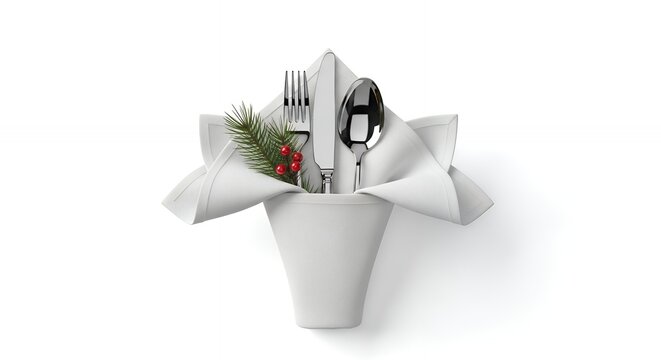Festive Holiday Table Setting: Elegant Folded Napkin, Silverware, Pine Sprig, and Red Berries on White Background