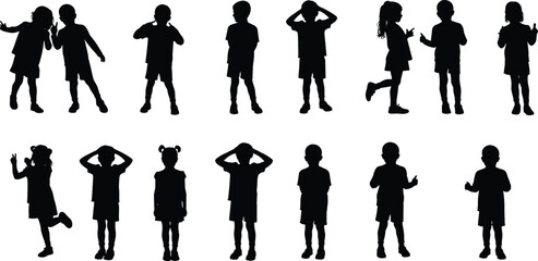Silhouette of children expressing emotions and gestures, kids communication and body language concept, black outline of playful young boys and girls