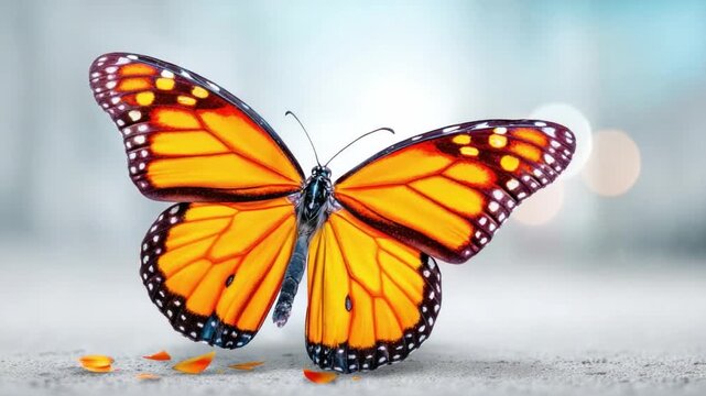 Monarch Butterfly in Flight: A captivating monarch butterfly, resplendent in vibrant orange and black patterns, gracefully takes flight, evoking a sense of wonder and freedom. 