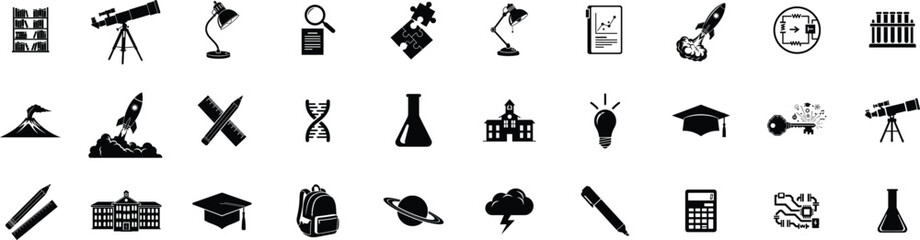 Education and Science icon set. Containing graduation cap, school, school bag, table lamp, bookshelf, pen. Editable vector illustration
