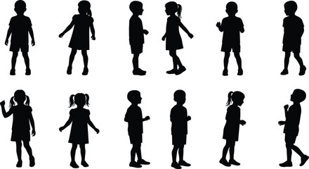 Silhouette of children standing, walking, and posing, group of boys and girls in various positions isolated on white background © Moksedul Creative