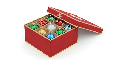 Vibrant Christmas Ornaments in Red Holiday Gift Box