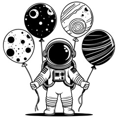 Astronaut Holding Four Planet Balloons