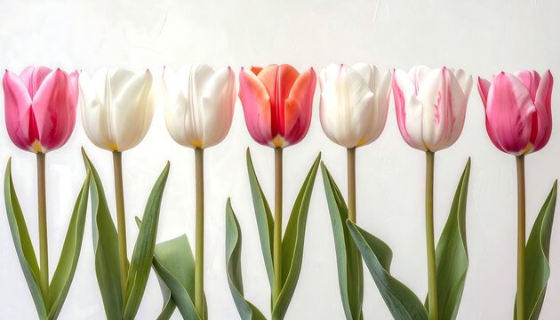 Close-up of seven colorful tulips arranged against a white backdrop