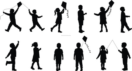 Obraz premium Silhouettes of children flying kites, happy boys and girls playing outdoors, freedom and childhood fun on white background illustration