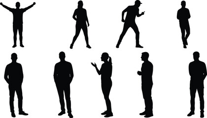 Collection of human silhouettes in different poses, men and women standing, talking, walking, and gesturing isolated on white background