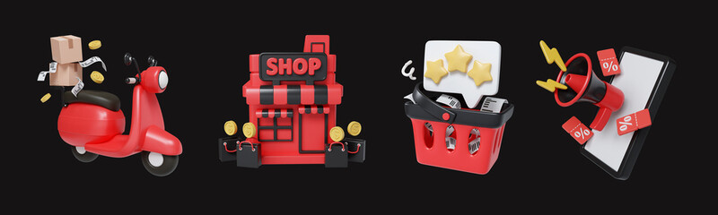 Black Friday online shopping with delivery service and store engagement. 3D render illustration