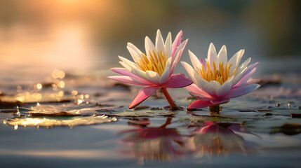 Two delicate water lilies bloom upon a shimmering surface during golden hour lighting