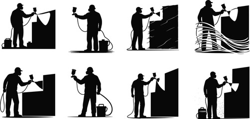 Silhouette illustration of worker using paint spray gun on wall surface, industrial painter painting building, construction renovation and coating concept