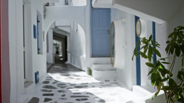 Mykonos alley defocused scene with whitewashed walls, blue doors and sunlit cobblestone path; background backplate copyspace calm.