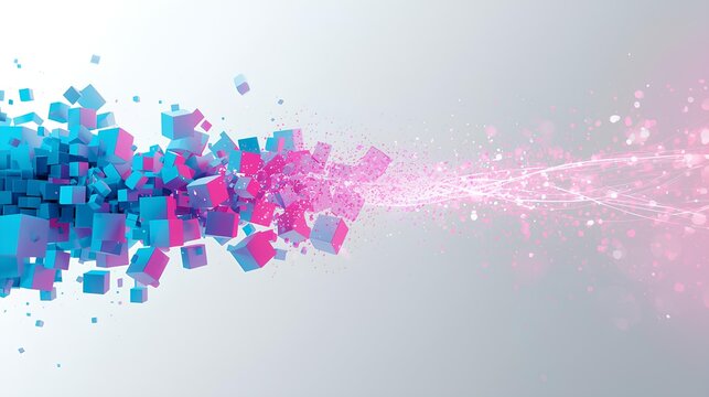Fototapeta Digital transformation, Abstract 3D Cubes Explosion with Pink and Blue Digital Particles