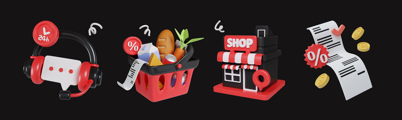 Black Friday customer service with shopping baskets and store promotions. 3D render illustration
