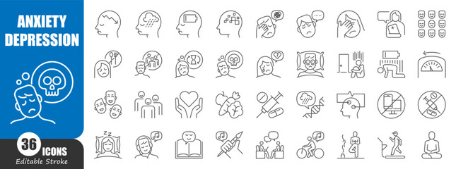 Anxiety and depression disorder thin line icon . Editable stroke . Vector .