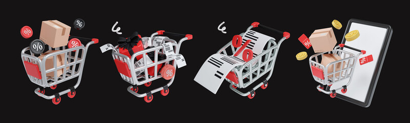 Black Friday shopping frenzy with animated shopping carts and deals. 3D render illustration