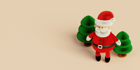 Christmas holiday celebration with Santa Claus and decorated evergreen trees. 3D render illustration