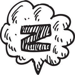 Hand Drawn Letter Z Inside A Speech Bubble Cloud Shape With Hatching Detail And Black Outline On A Transparent Background