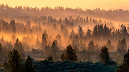Obraz premium Dense evergreen forest layers shroud rolling hills engulfed in soft morning fog illuminated by rising sun