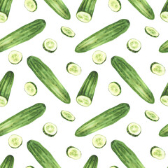 Cucumber with slices watercolor painted seamless pattern. Whole long green vegetable and sliced in circles. Clipart for market food packaging, kitchen textile on isolated white background illustration