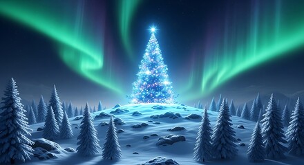A christmas tree on a snowy hill under the aurora borealis with evergreen trees in a winter landscape