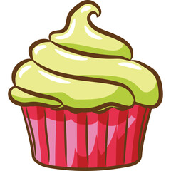 Hand drawn lime green frosted cupcake with pink and red striped wrapper isolated on white background