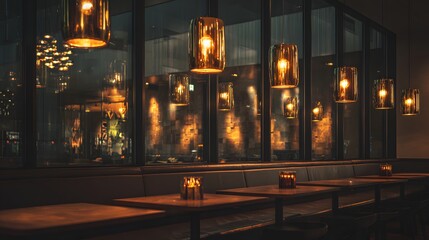 Rows of glowing pendant lights illuminate the interior of an upscale establishment featuring dark furnishings beside large windows.