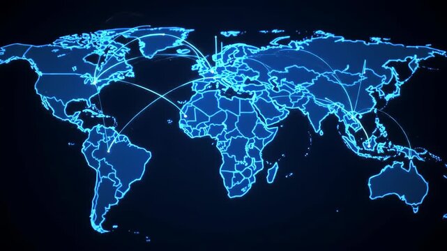 A blue world map with interconnected lines, highlighting global connections and networks.