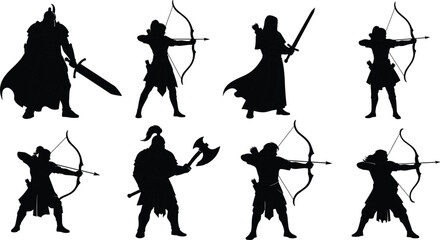 Medieval warrior and archer silhouettes with swords bows axes, fantasy character poses, battle stance illustration, combat fighters, cad drawing flat vector illustration