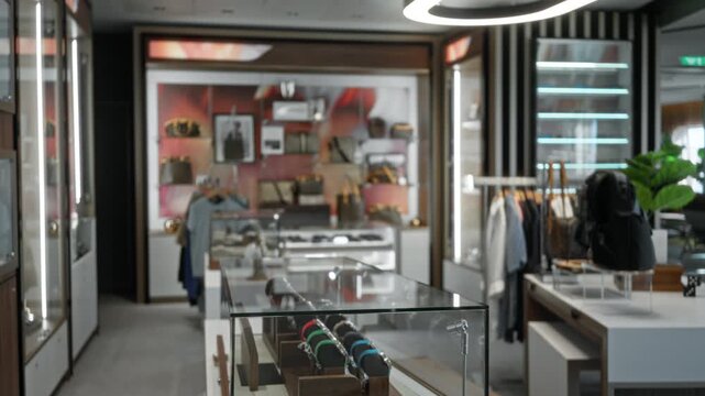 Luxury boutique interior with shallow bokeh and defocused displays, glass cases and clothing racks in a shop; background backplate copyspace calm.