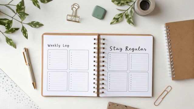 Open Notebook with Weekly Log and Stay Regular on Stylish Desk