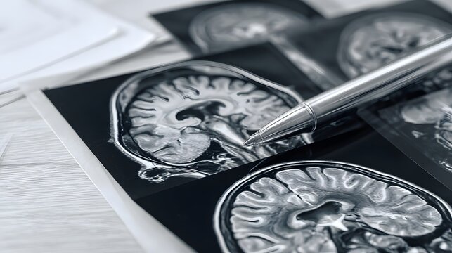 Physician reviews multiple cross-sectional images of human brain anatomy with a metallic writing instrument
