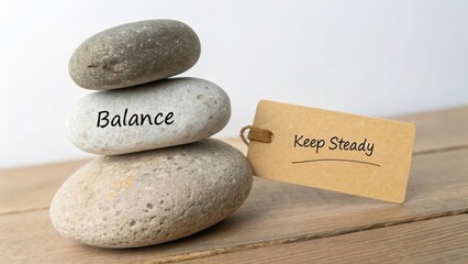 Serene Stacked Stones with Balance Concept and Steady Tag on Table