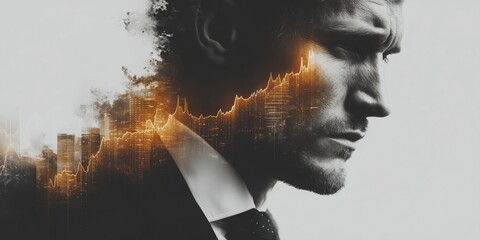 Image of a businessman overlaid with a big city and stock chart lines