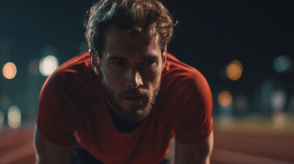 Fototapeta premium Exhausted Male Athlete on Running Track at Night, Focused on Recovery After Intense Workout Session