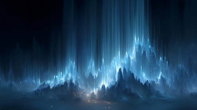Ethereal Blue Waterfall Abstract: Light Streaks Down Amidst Dark Mountainous Forms in a Dreamy, Mystical Landscape - Powered by Adobe
