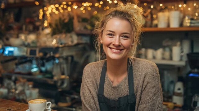 Smiling Barista: A friendly barista radiates warmth and hospitality, smiling brightly as she prepares a fresh cup of coffee, the caf&eacute; ambiance is inviting.
