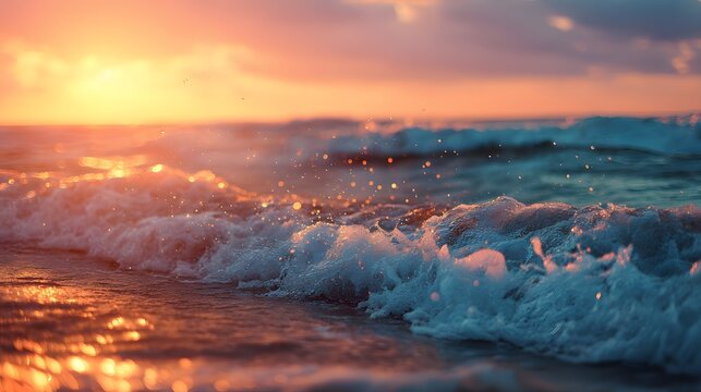 Ocean surf crashes near the shore during a warm, colorful sunset