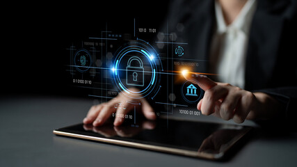 Cybersecurity system interface with biometric lock and data protection. Cybersecurity protects access, identity, cyber security prevents threats, and cyber security supports digital systems. Latch