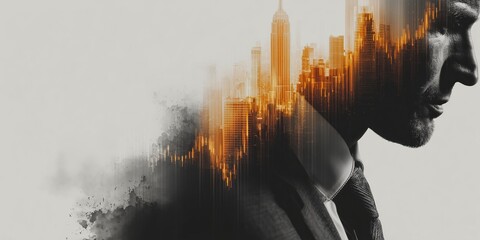 Image of a businessman overlaid with a big city and stock chart lines