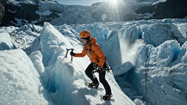 Woman ice climbing on glacier adventure exploring snowy mountain landscape