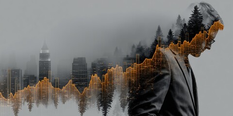 Image of a businessman overlaid with a big city and stock chart lines