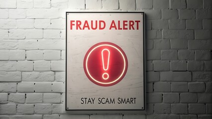 Red Neon Fraud Alert Sign on White Brick Wall for Safety Awareness