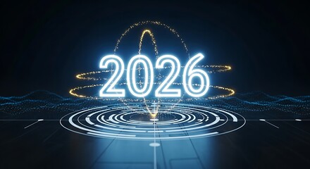 A futuristic rendering of the year two thousand and twenty six with glowing circles and dark background
