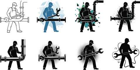 Professional plumber working with wrench and pipeline installation, maintenance repair service, 